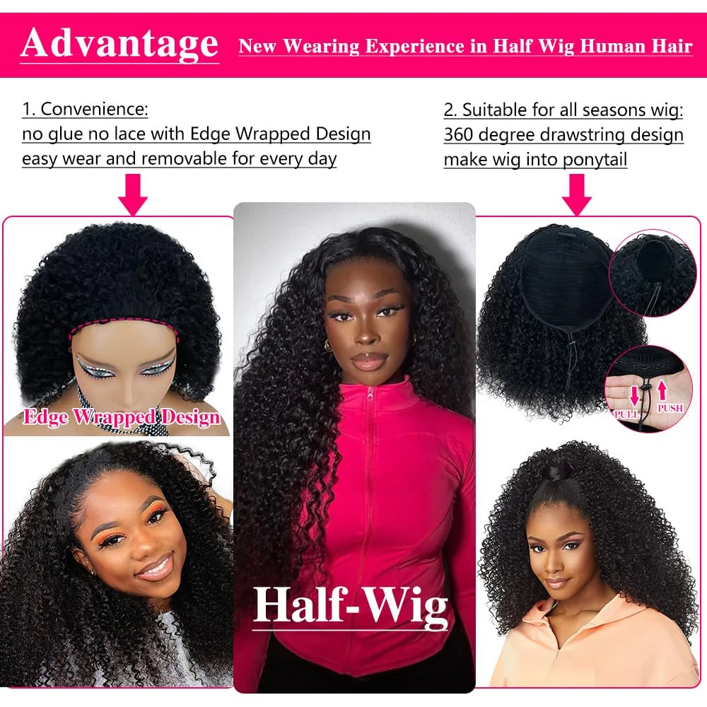 Half Wig Glueless Human Hair Wigs With Drawstring Seamless Clips 250 Density Kinky Curly Half Wigs Full Machine Made Wig