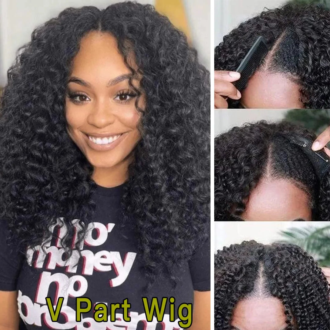 250% Kinky Curly V Part Wig Human Hair No Leave Out Upgrade Deep Wave Curly V Shape Wig No Glue Clip In Half Wig For Women