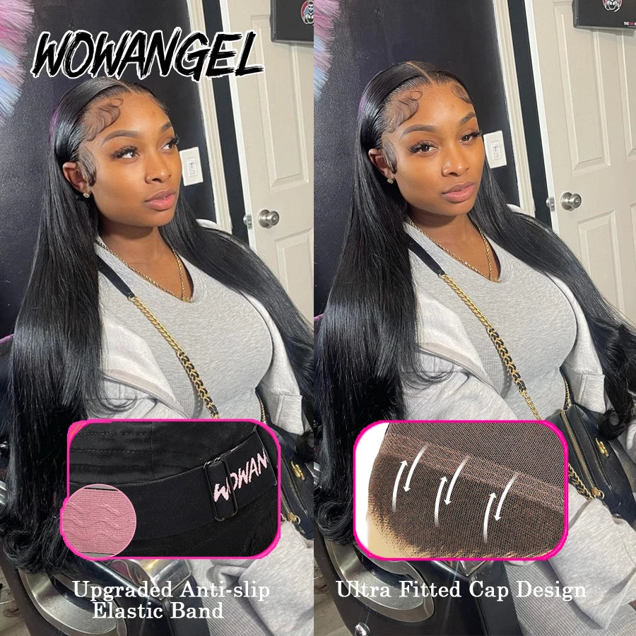 WowAngel 250% Pre Bleached 13x6 HD Lace Front Wigs 34in Glueless Straight Human Hair Wigs Pre Plucked Brazilian Hair For Women