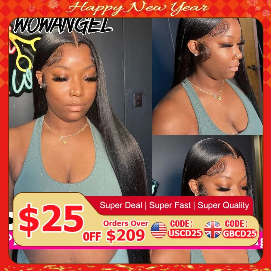 WowAngel 250% Pre Bleached 13x6 HD Lace Front Wigs 34in Glueless Straight Human Hair Wigs Pre Plucked Brazilian Hair For Women