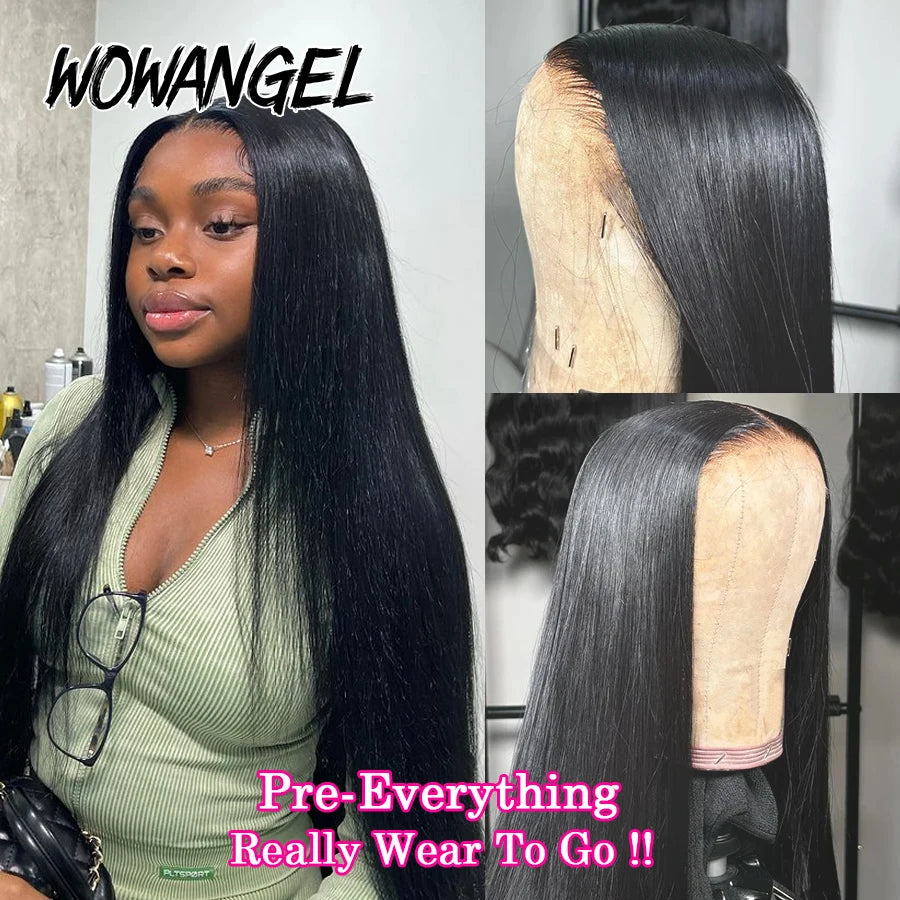 WowAngel 250% Pre Bleached 13x6 HD Lace Front Wigs 34in Glueless Straight Human Hair Wigs Pre Plucked Brazilian Hair For Women