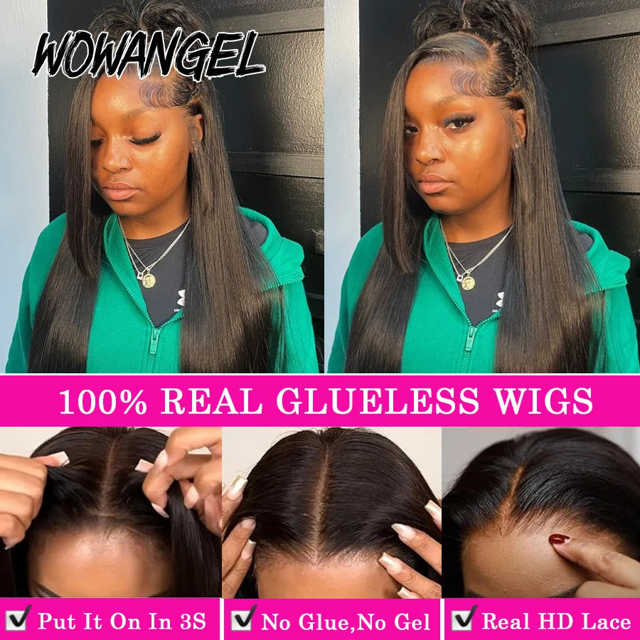WowAngel 250% Pre Bleached 13x6 HD Lace Front Wigs 34in Glueless Straight Human Hair Wigs Pre Plucked Brazilian Hair For Women