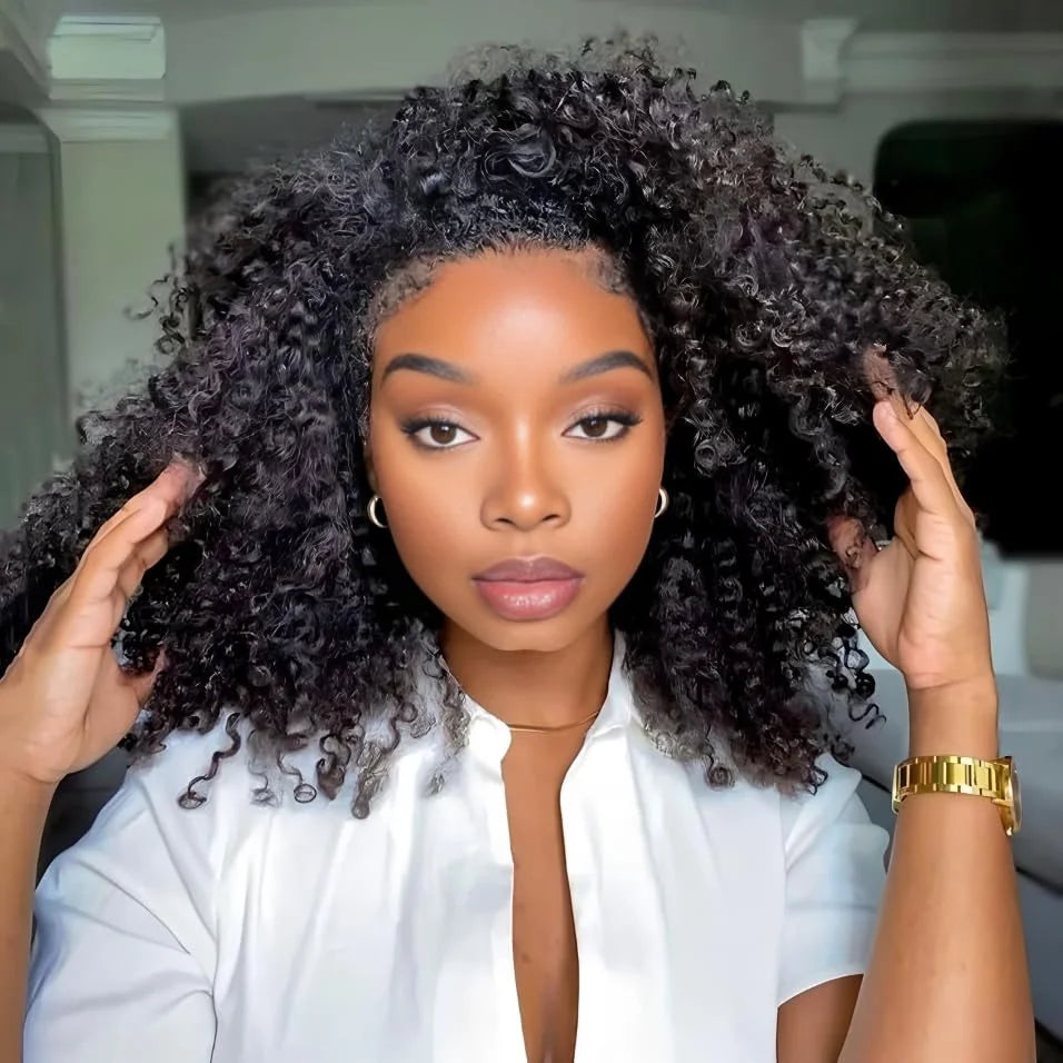 ISEE Hair 3 IN 1 Half Wigs Human Hair Kinky Curly Headband Wig Upgrade Glueless Wigs With Drawstring Seamless Clip Ins Flip Over