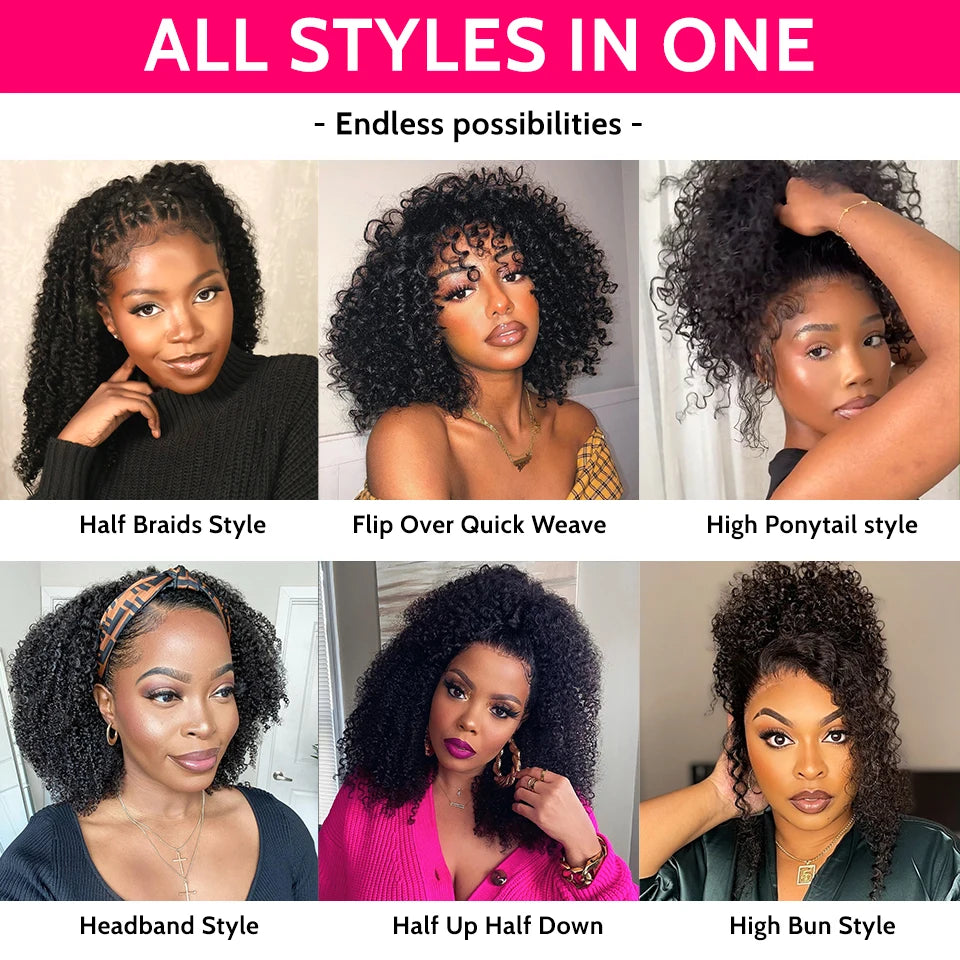 ISEE Hair 3 IN 1 Half Wigs Human Hair Kinky Curly Headband Wig Upgrade Glueless Wigs With Drawstring Seamless Clip Ins Flip Over